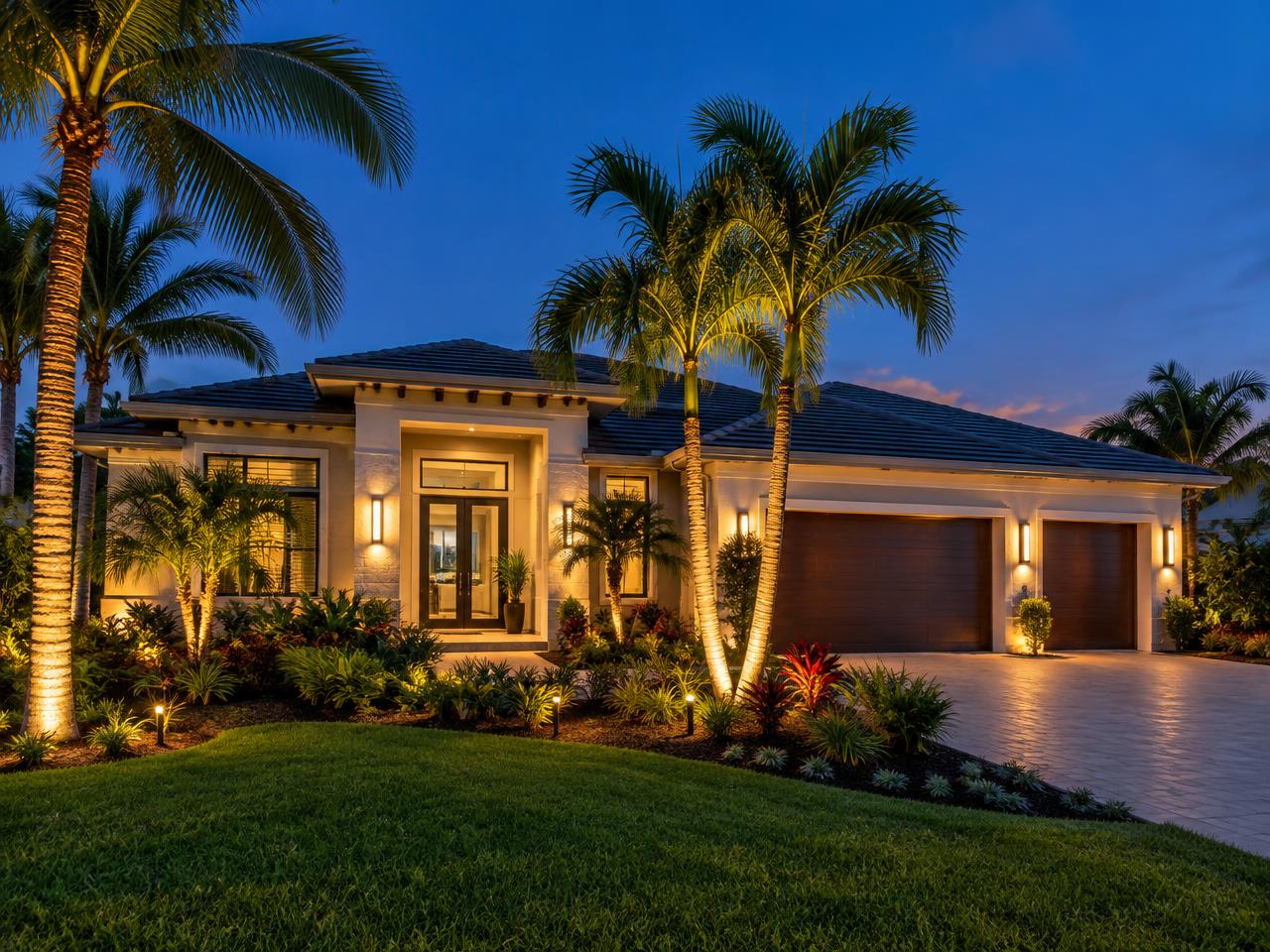 Florida home with exterior and landscape lighting at dusk
